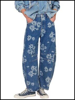 Mid Rise Baggy Barrel Jeans Floral Printed Wide Leg Y2k Boyfriend Denim Ankle